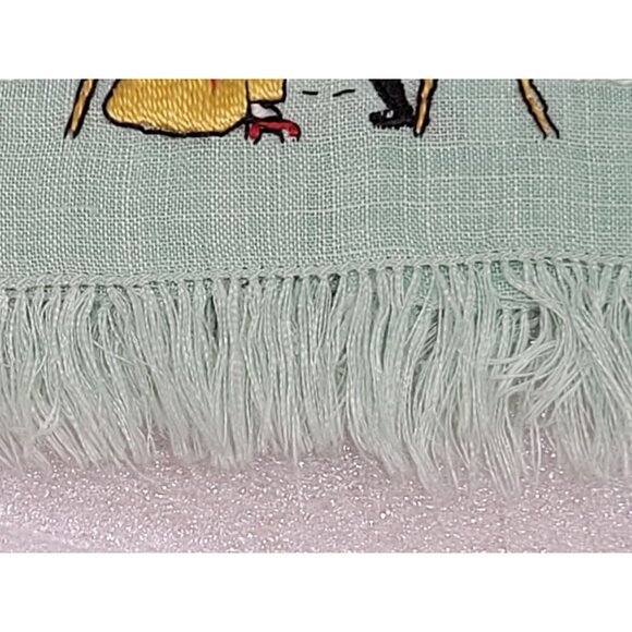 Vintage Linen Tea Towel Fingertip Fringed Embroidered Man Woman Mint Green - Picture 6 of 7